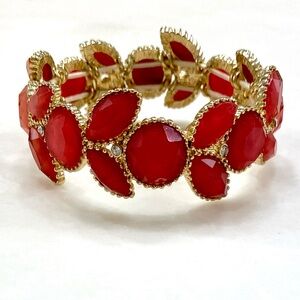 Gold-Tone Red Gemstone Floral Stretch Bracelet for Women